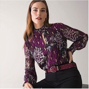 White House Black Market Long Sleeve Floral Metallic Blouson Blouse Purple 10